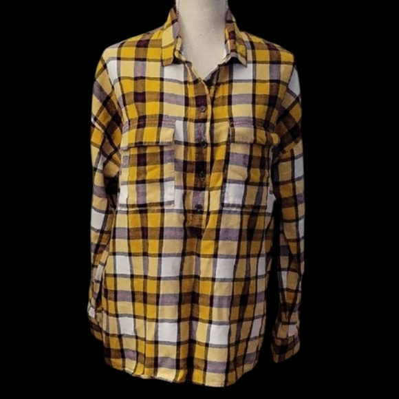 Old Navy Boyfriend Yellow and Purple Plaid Shirt - Picture 1 of 3